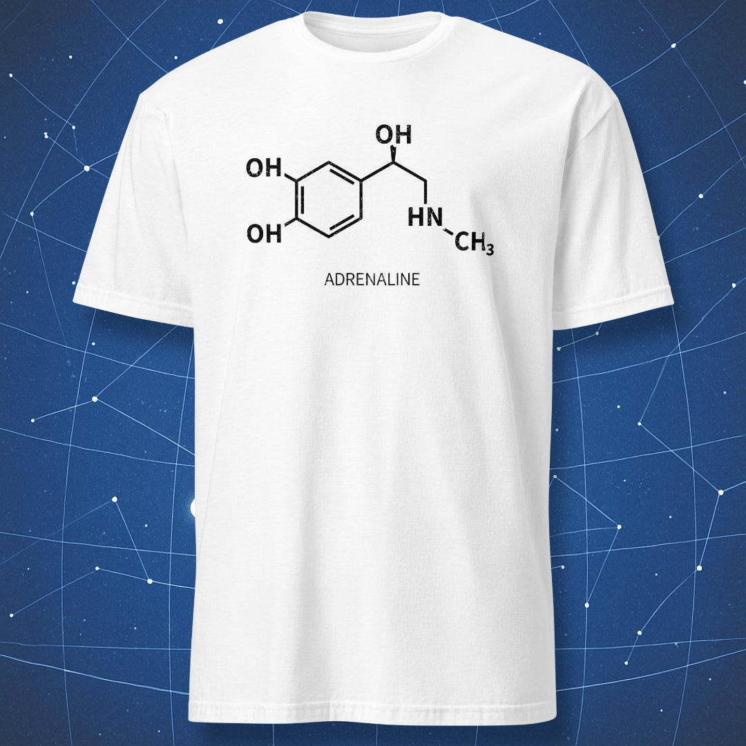White adrenaline molecule T-shirt with black chemistry structure graphic