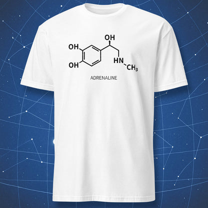 White adrenaline molecule T-shirt with black chemistry structure graphic