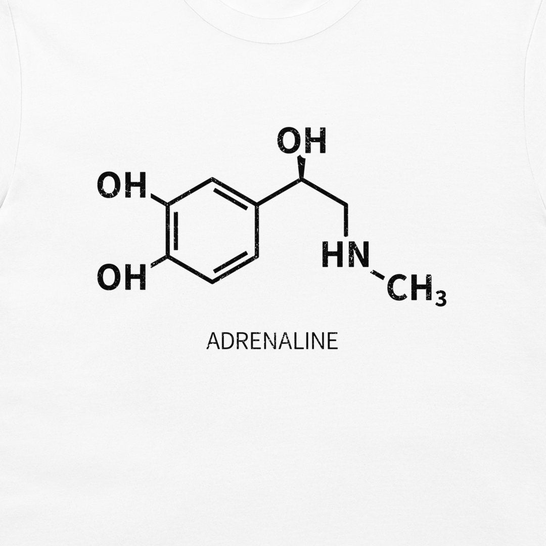 Close-up of black adrenaline chemical formula printed on a white T-shirt