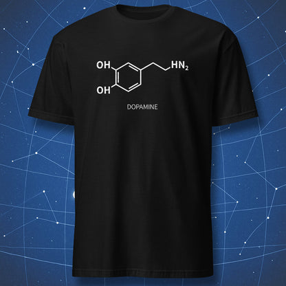 Black dopamine molecule chemistry T-shirt with white structural formula