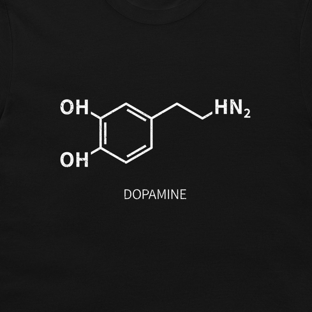 Close-up of white dopamine chemical structure printed on a black T-shirt