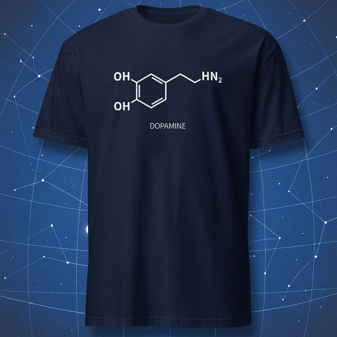 Navy dopamine molecule chemistry T-shirt with white structural formula