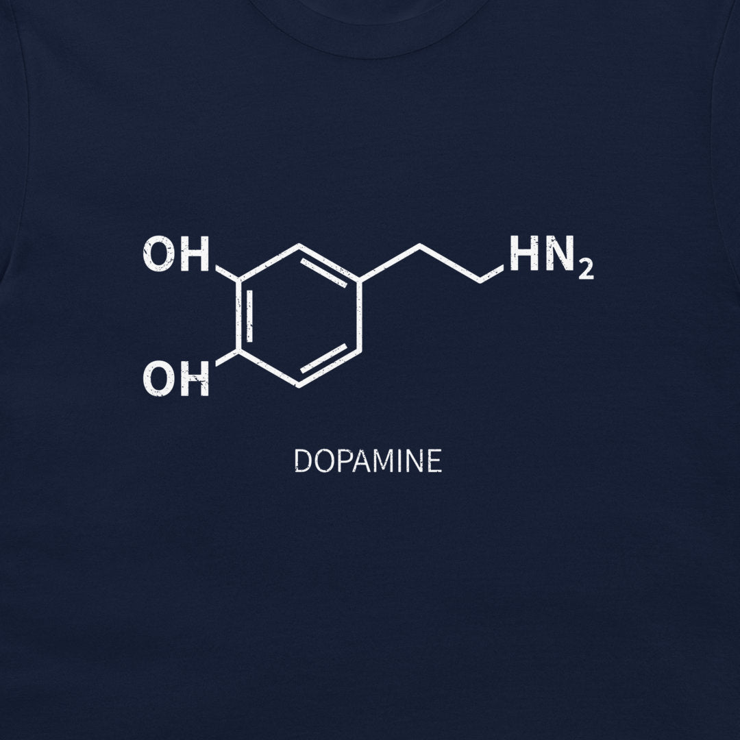 Close-up of dopamine chemical structure printed on a navy T-shirt