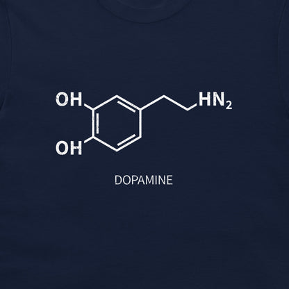 Close-up of dopamine chemical structure printed on a navy T-shirt