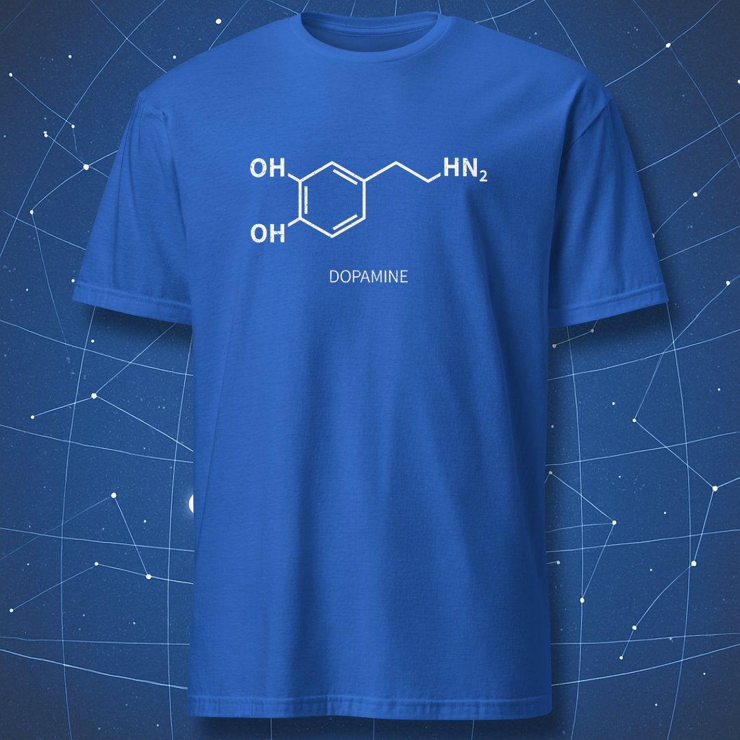 Royal blue dopamine molecule chemistry T-shirt with white structural formula
