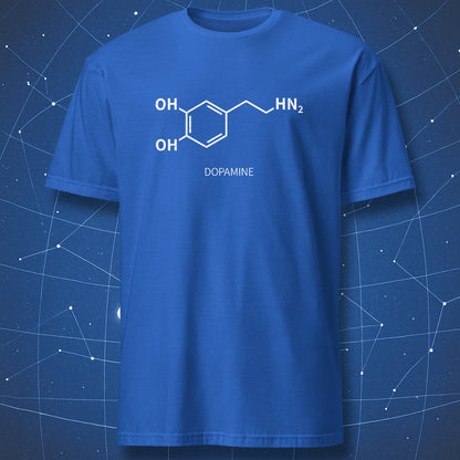 Royal blue dopamine molecule chemistry T-shirt with white structural formula