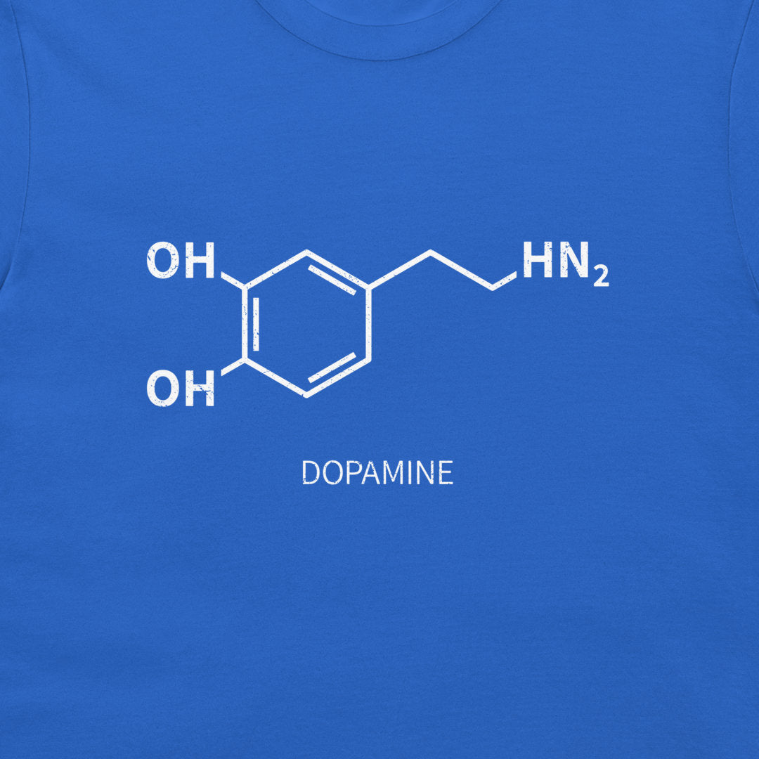 Close-up of dopamine chemical structure printed on a royal blue T-shirt