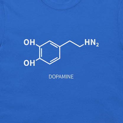 Close-up of dopamine chemical structure printed on a royal blue T-shirt