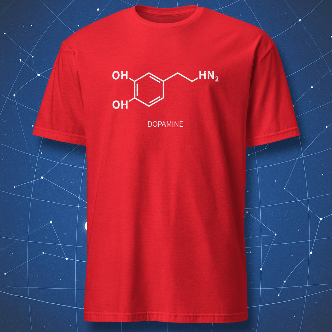Red dopamine molecule chemistry T-shirt with white structural formula
