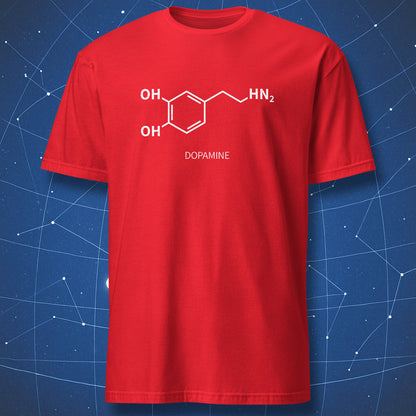 Red dopamine molecule chemistry T-shirt with white structural formula