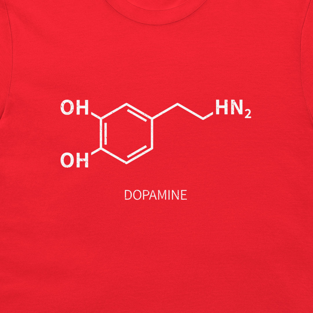Close-up of dopamine chemical structure printed on a red T-shirt