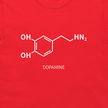 Close-up of dopamine chemical structure printed on a red T-shirt