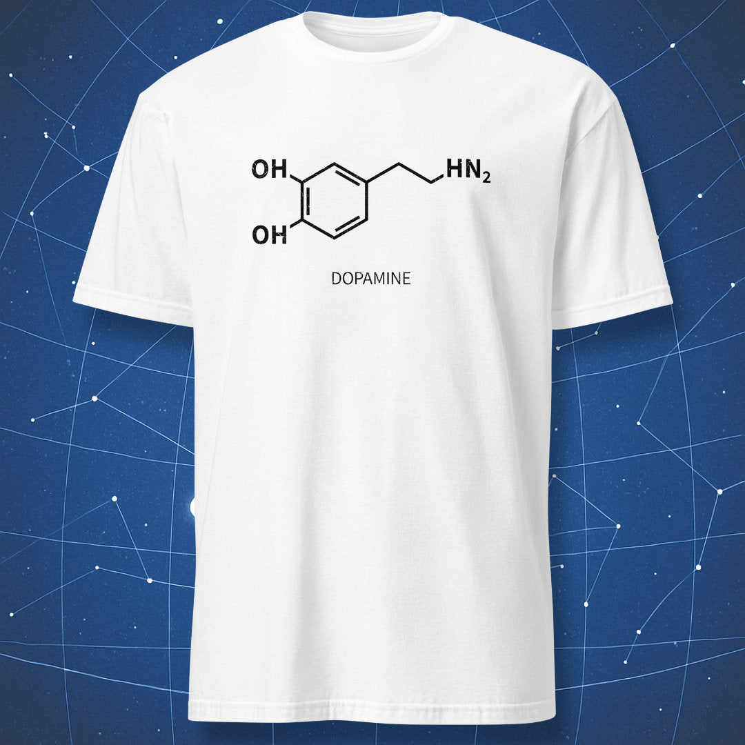 White dopamine molecule chemistry T-shirt with black structural formula
