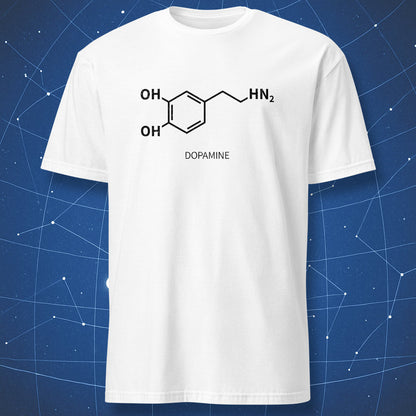 White dopamine molecule chemistry T-shirt with black structural formula