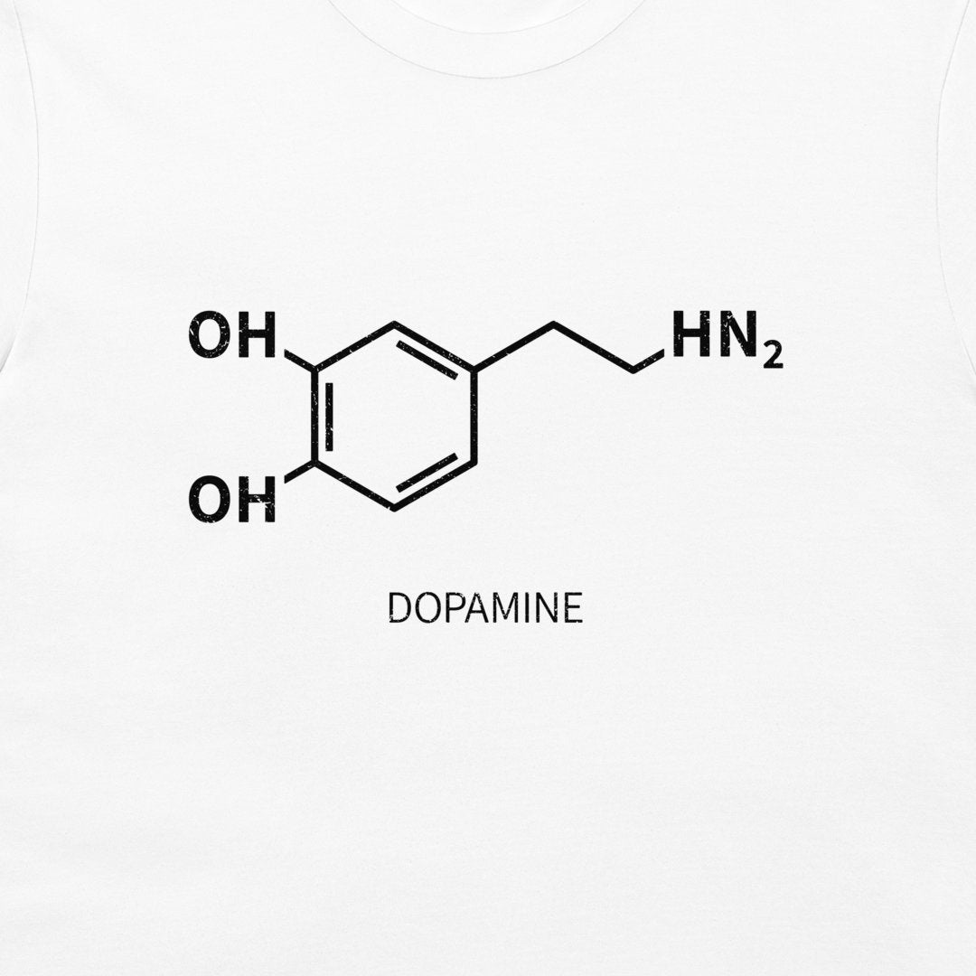 Close-up of black dopamine chemical structure printed on a white T-shirt
