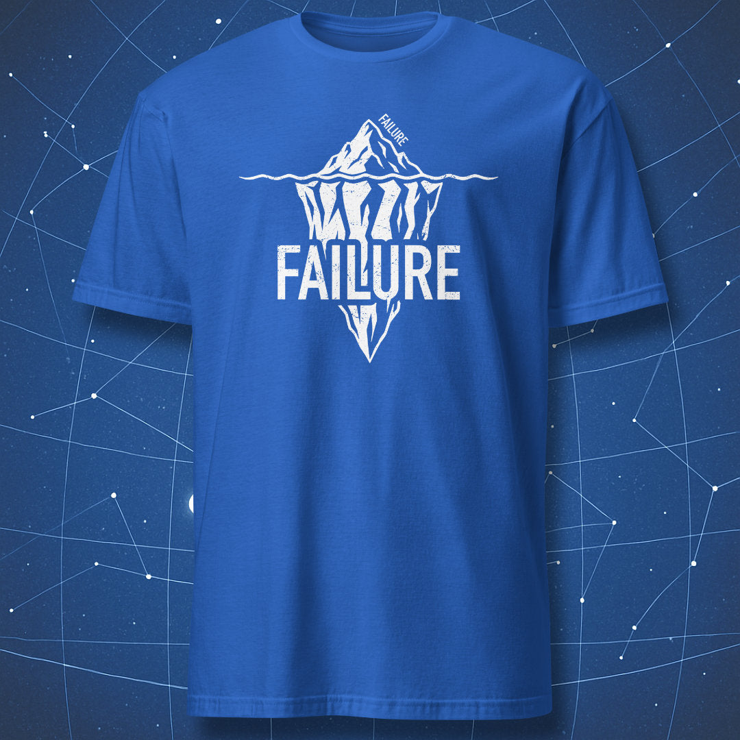 Royal blue T-shirt with white Failure iceberg graphic and sarcastic pessimistic humor design