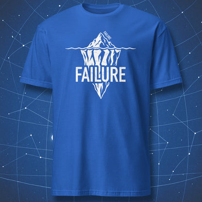 Royal blue T-shirt with white Failure iceberg graphic and sarcastic pessimistic humor design