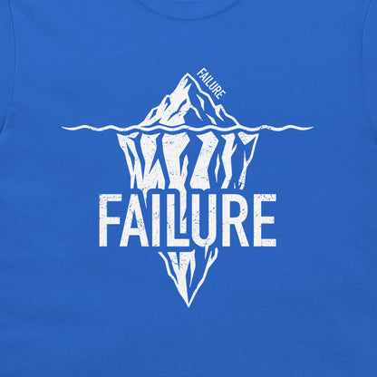 Close-up of white Failure iceberg graphic printed on a royal blue T-shirt