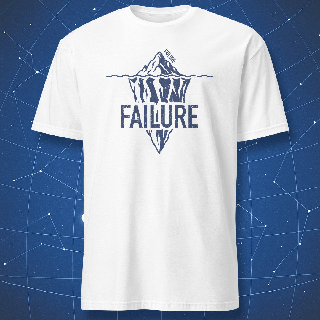 White T-shirt with navy Failure iceberg graphic showing failure above and below the surface