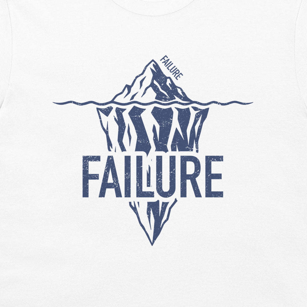 Close-up of navy Failure iceberg design printed on a white T-shirt