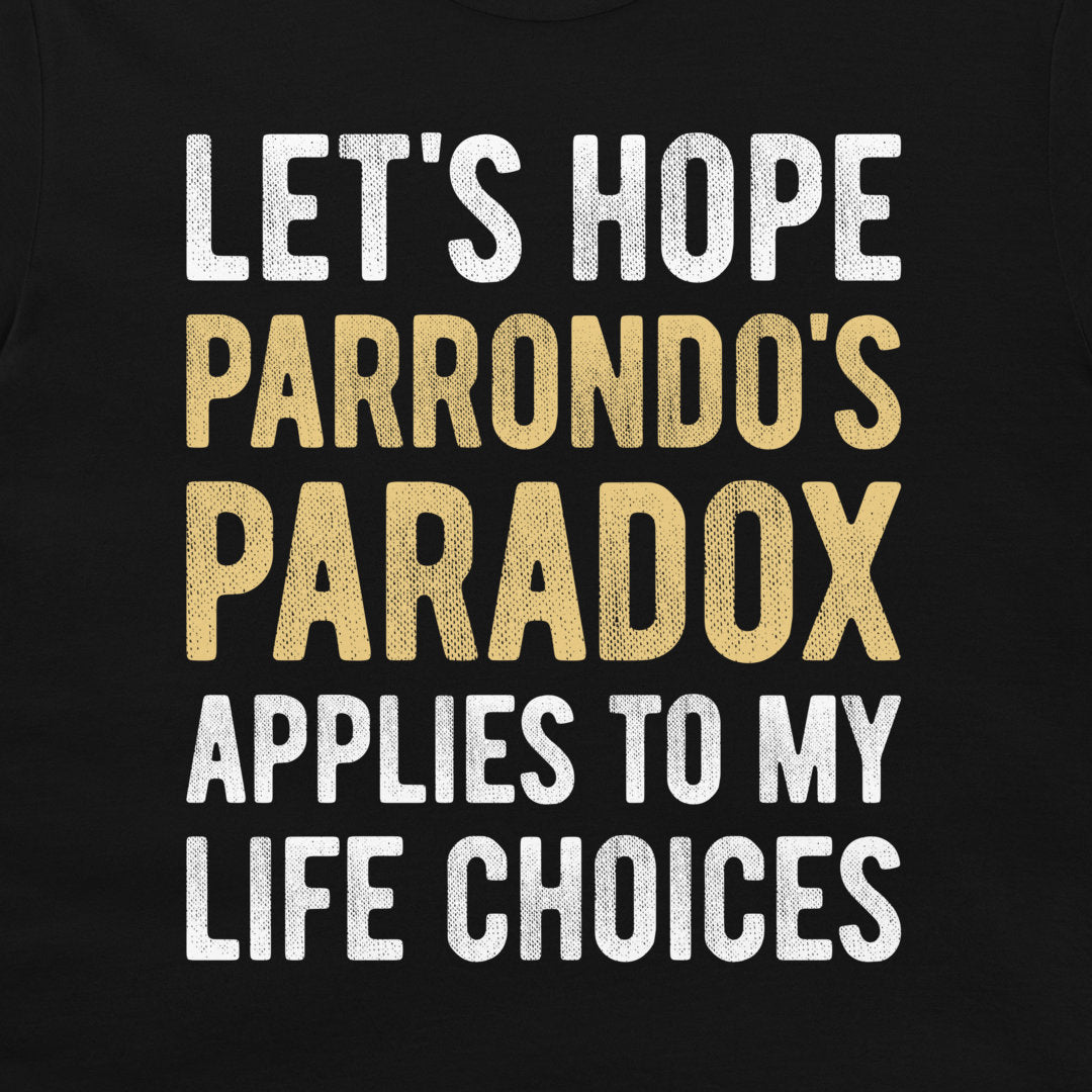 Close-up of Parrondo's Paradox math humor design printed on a black T-shirt