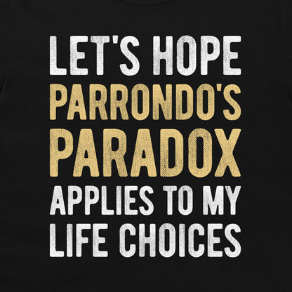 Close-up of Parrondo's Paradox math humor design printed on a black T-shirt