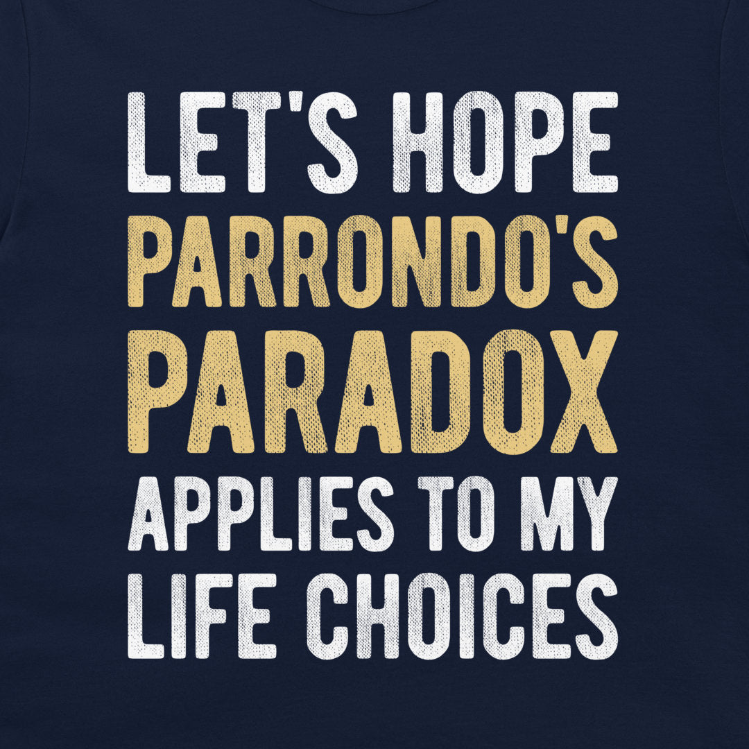 Close-up of Parrondo's Paradox typography design printed on a navy T-shirt