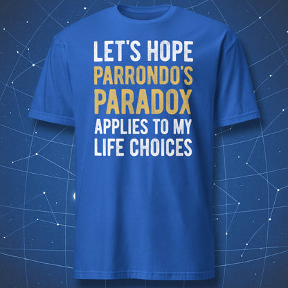 Royal blue Parrondo's Paradox T-shirt featuring a nerdy math humor quote