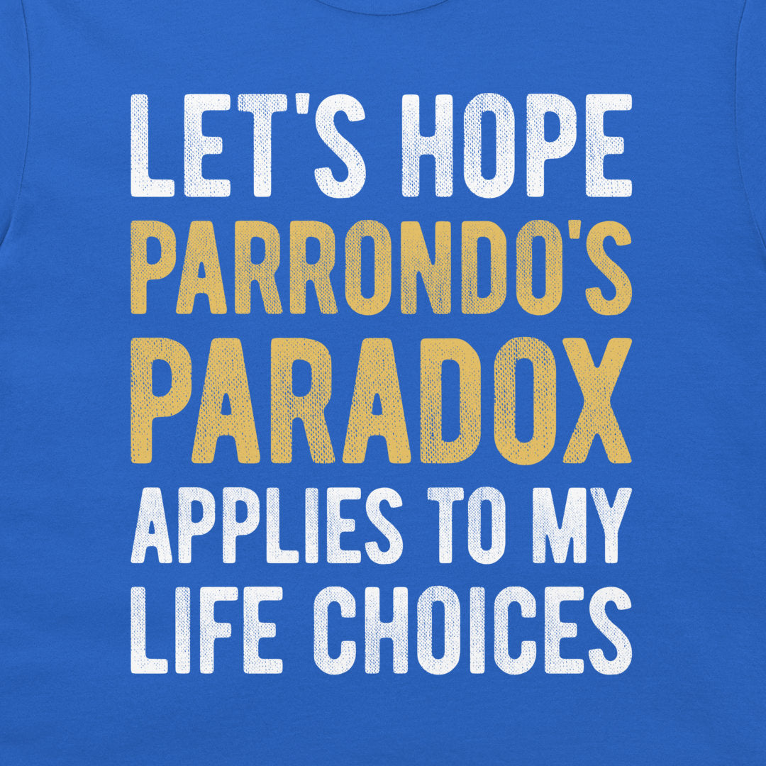 Close-up of Parrondo's Paradox math joke typography on a royal blue T-shirt