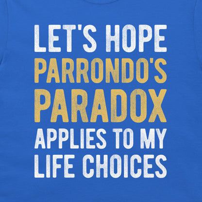 Close-up of Parrondo's Paradox math joke typography on a royal blue T-shirt