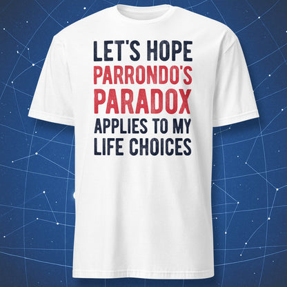 White Parrondo's Paradox T-shirt with red and navy mathematical humor typography