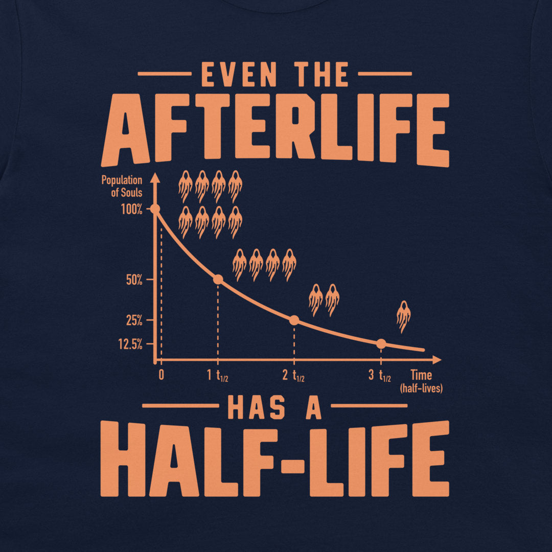 Close-up of the exponential ghost decay design printed on a navy T-shirt