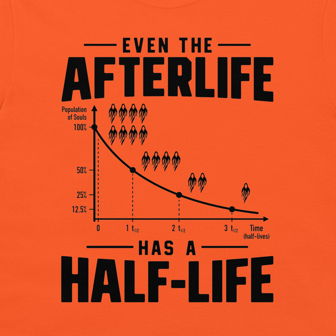 Close-up of the ghost population half-life graph printed on an orange T-shirt
