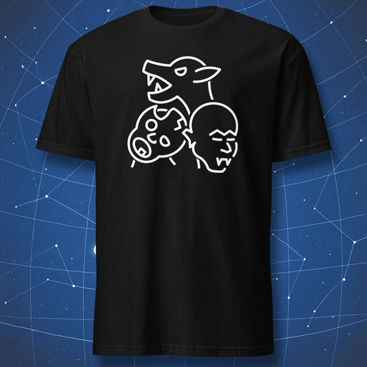 Black Minimalistic Horror T-shirt featuring white line art of a werewolf, zombie and vampire