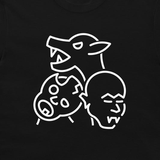 Close-up of white classic horror monster line art on a black T-shirt