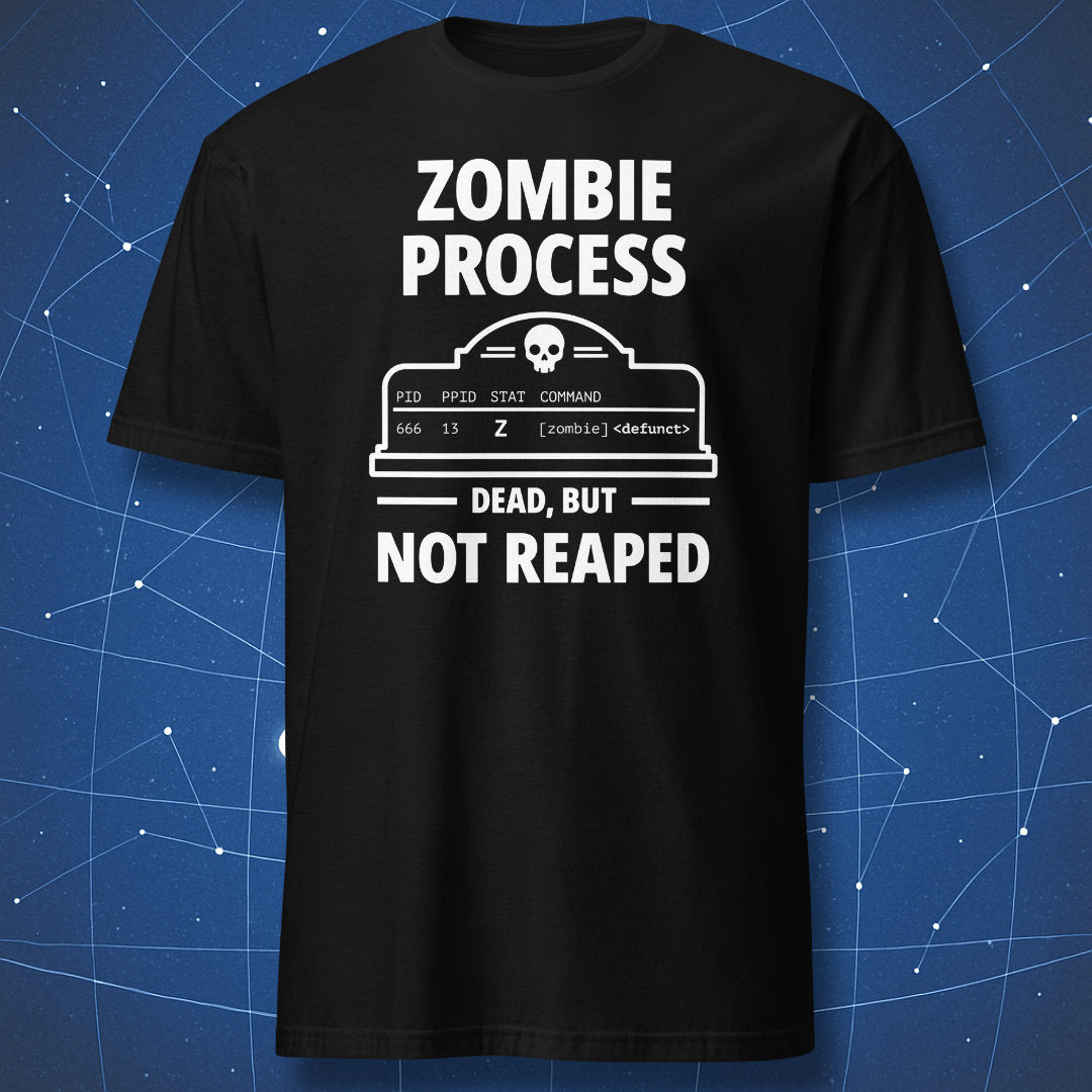 Black programmer Halloween T-shirt featuring a Zombie Process tombstone and Dead, But Not Reaped text