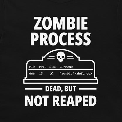 Close-up of the white Zombie Process Unix table design with STAT Z on a black T-shirt