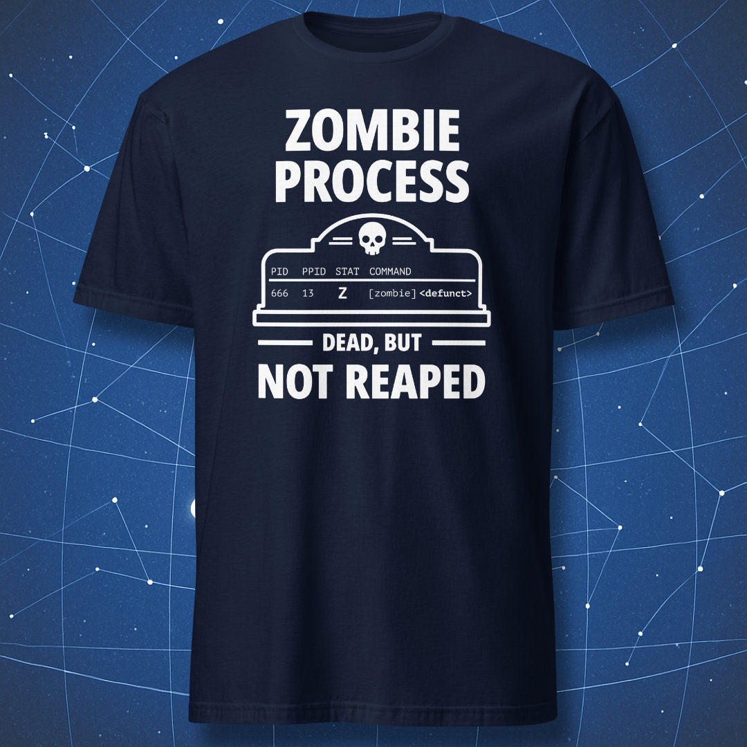 Navy Linux programmer T-shirt featuring the Zombie Process terminal and tombstone design