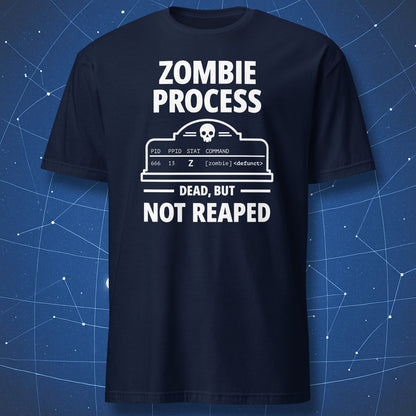 Navy Linux programmer T-shirt featuring the Zombie Process terminal and tombstone design