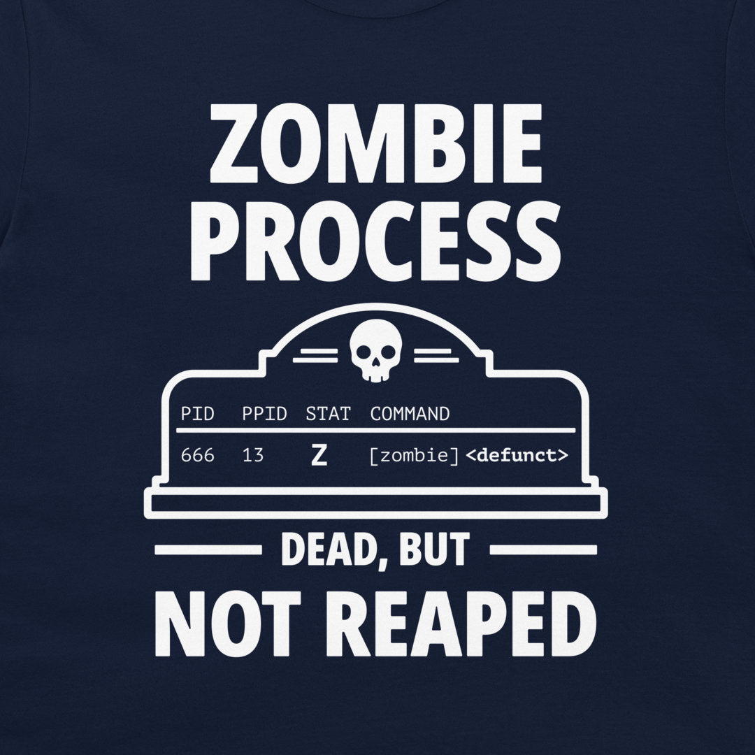 Close-up of the white Zombie Process design with a defunct Unix process on a navy T-shirt