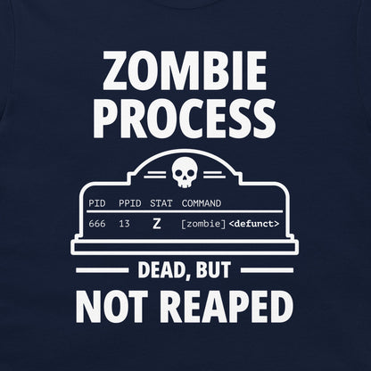 Close-up of the white Zombie Process design with a defunct Unix process on a navy T-shirt