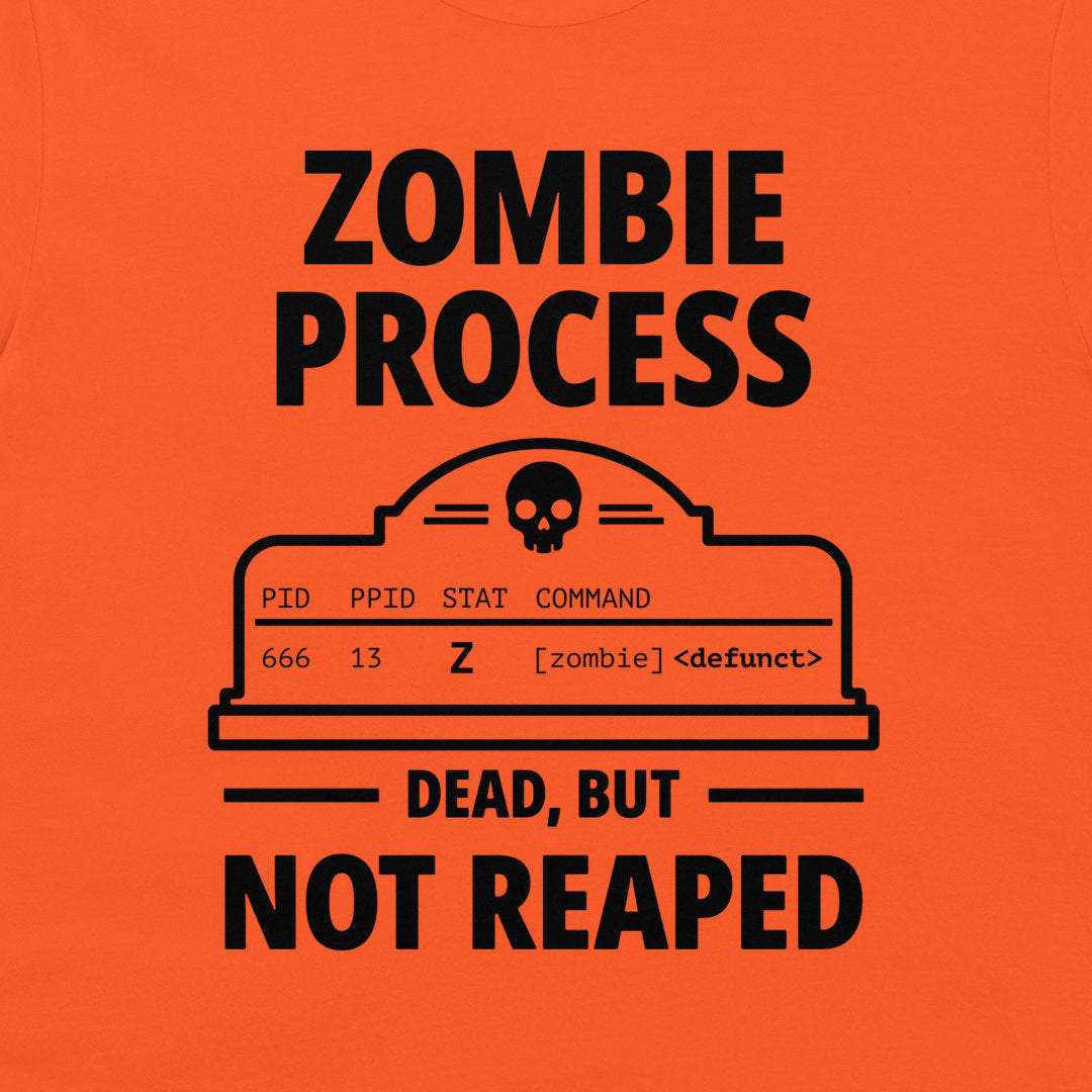 Close-up of the black zombie process terminal and skull design printed on an orange T-shirt