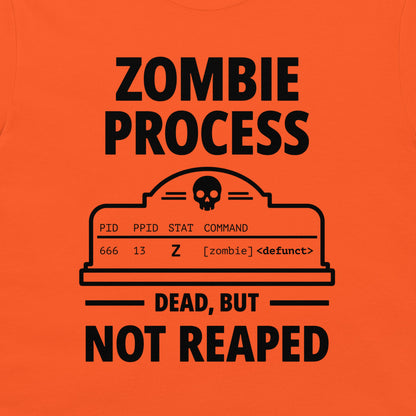 Close-up of the black zombie process terminal and skull design printed on an orange T-shirt