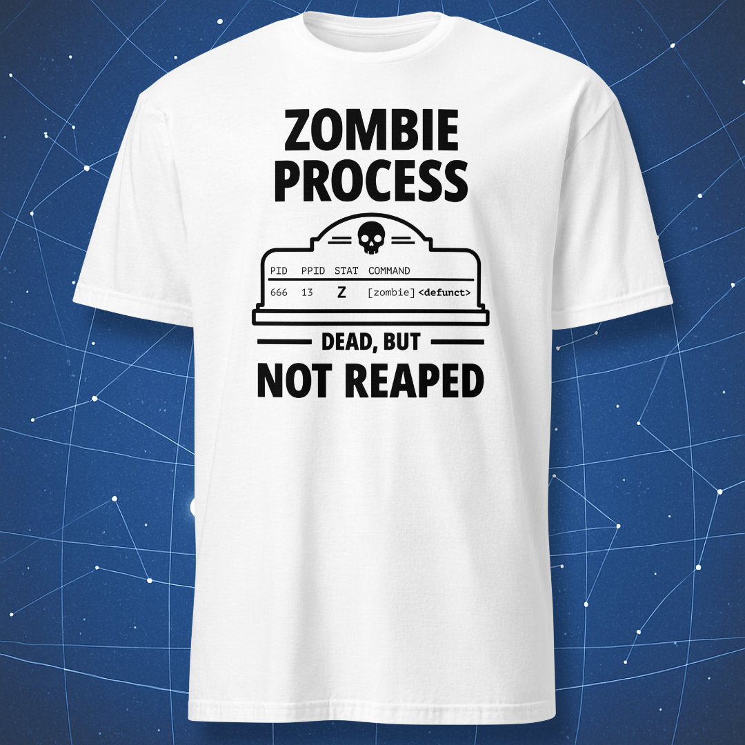 White Linux programmer T-shirt featuring a black Zombie Process tombstone design
