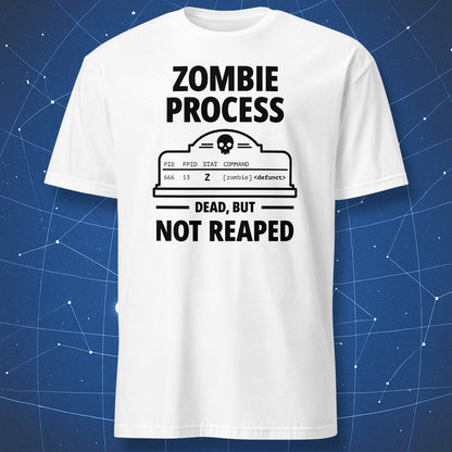 White Linux programmer T-shirt featuring a black Zombie Process tombstone design