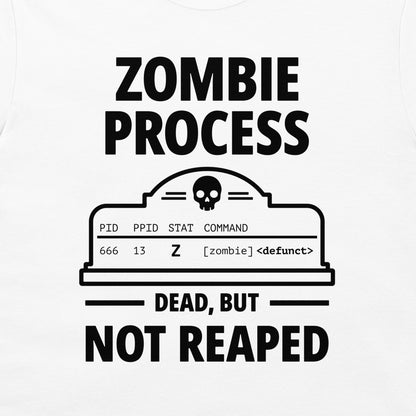 Close-up of the black Zombie Process Unix table and Dead, But Not Reaped text on a white T-shirt