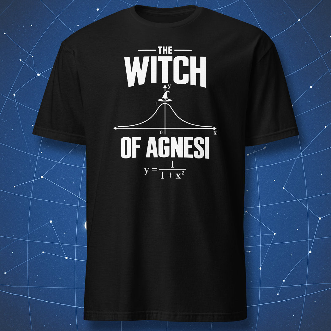 Black mathematics T-shirt featuring the Witch of Agnesi curve with a small witch hat
