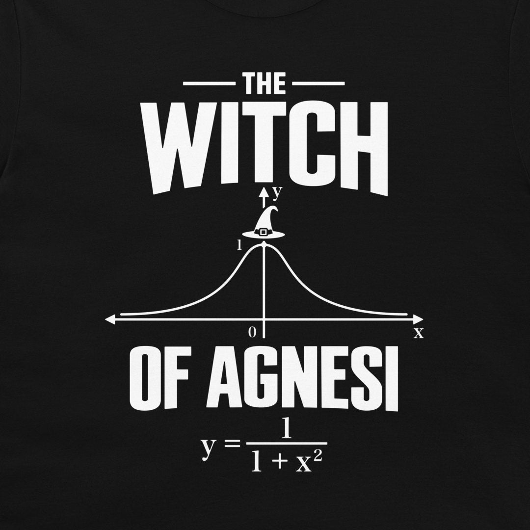 Close-up of the white Witch of Agnesi curve and equation printed on a black T-shirt
