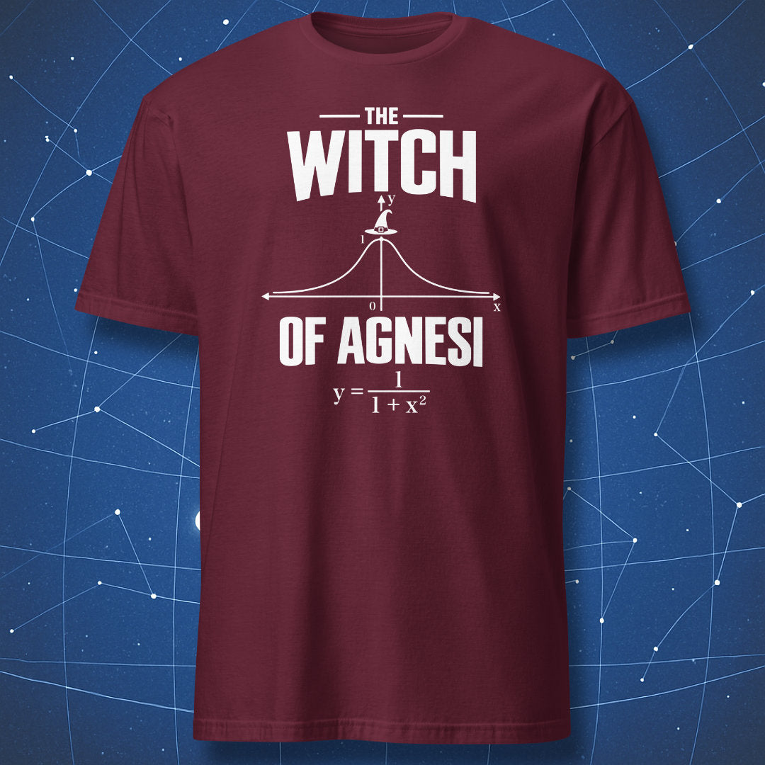 Maroon math Halloween T-shirt featuring the Witch of Agnesi curve, equation, and witch hat