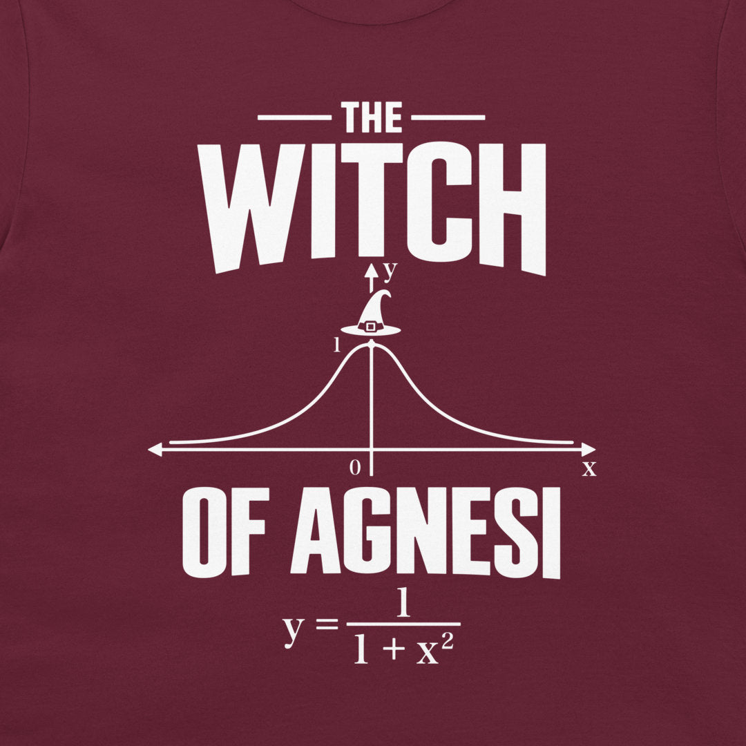 Close-up of the white Witch of Agnesi graph and normalized equation on a maroon T-shirt